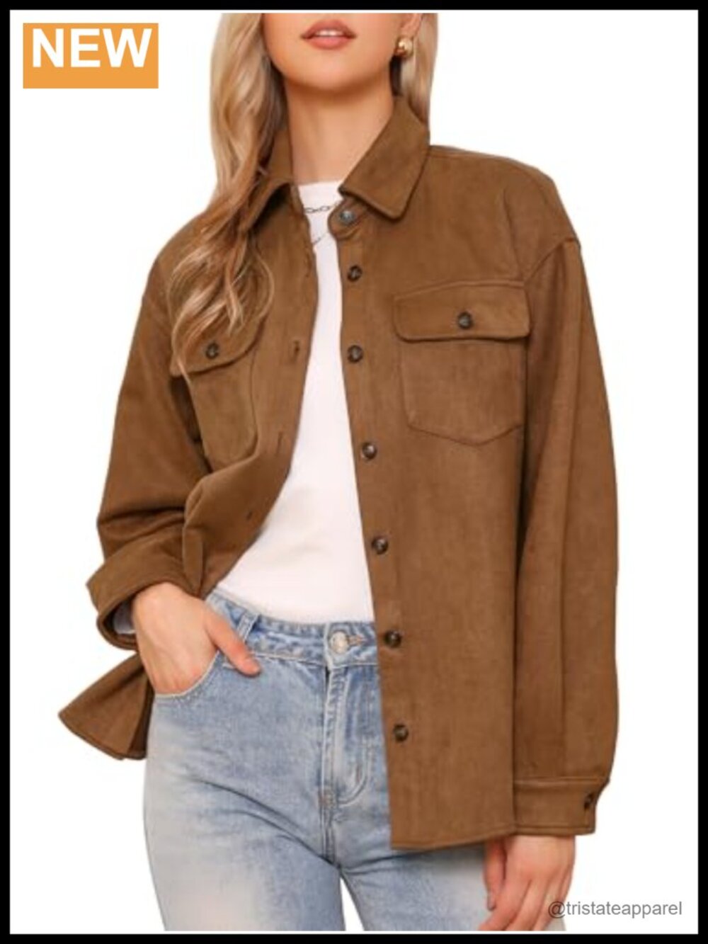 Women's Casual Faux Suede Button Down Long Sleeve Jacket with Flap Pockets